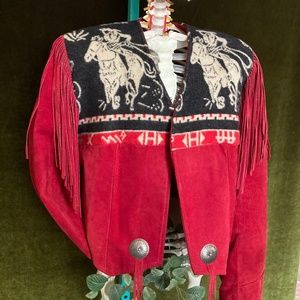 Vintage Pioneer Wear Red Western Suede Leather Cowgirl Jacket Rare